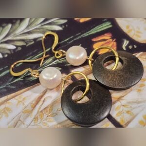 Gold and Brown Wood Small.Hoops And Freshwayer Pearls Earrings with Matte Finish